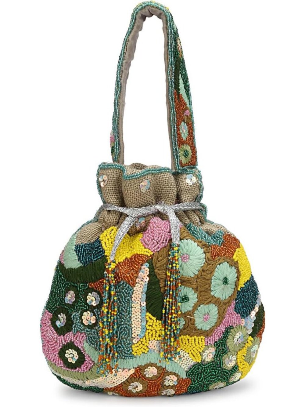 Multicolor Floral Embroidered Beaded Potli Bag - Jute Drawstring Handbag 9x9.5
